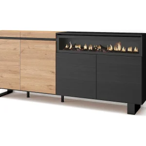 Dressoir, Opbergkast, 200x35x87cm, 4 Deuren, Elektrische haard, Industrieel design, Eiken/Zwart Dressoir, Opbergkast, 200x35x87cm, 4 Deuren, Elektrische haard, Industrieel design, Eiken/Zwart