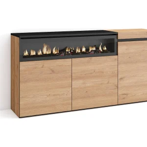 Dressoir, Opbergkast, 150x35x75cm, 3 Deuren, Elektrische haard, Eiken/Zwart