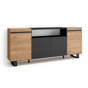 Dressoir, Opbergkast, 200x35x87cm, 4 Deuren, Industrieel design, Eiken/Zwart Dressoir, Opbergkast, 200x35x87cm, 4 Deuren, Industrieel design, Eiken/Zwart