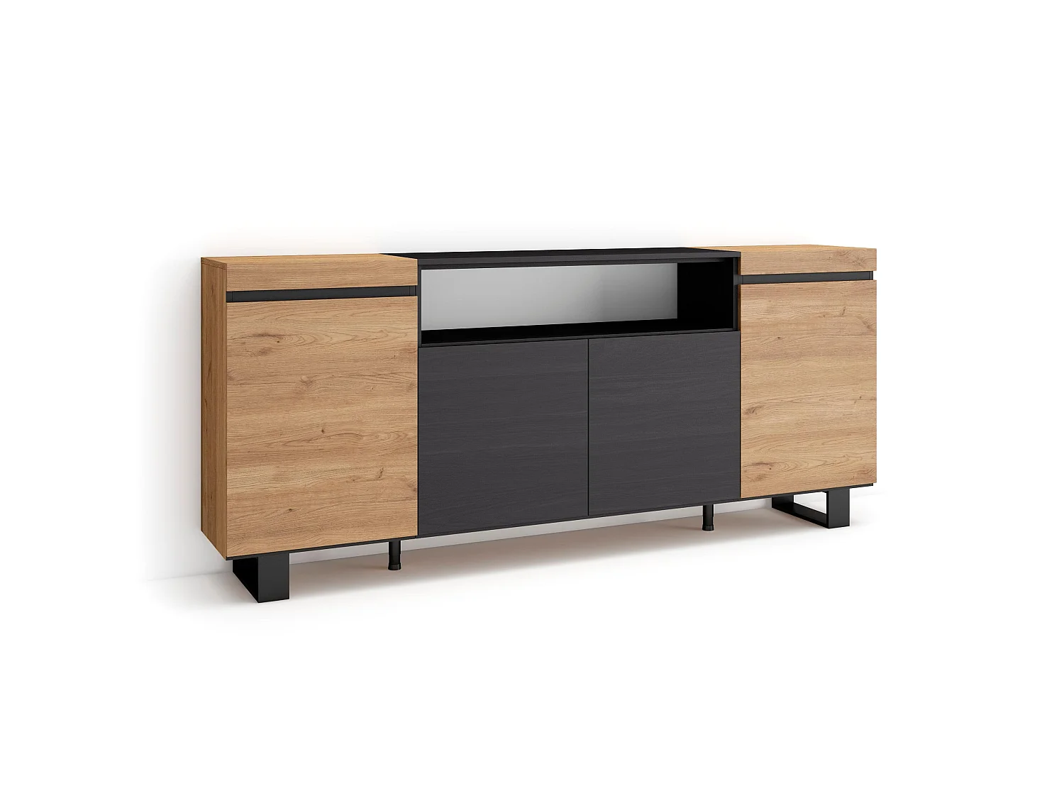 Dressoir, Opbergkast, 200x35x87cm, 4 Deuren, Industrieel design, Eiken/Zwart