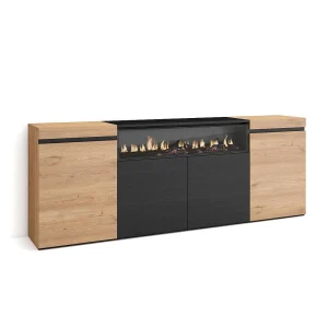 Dressoir, Opbergkast, 200x35x75cm, 4 Deuren, Elektrische haard, Eiken/Zwart Dressoir, Opbergkast, 200x35x75cm, 4 Deuren, Elektrische haard, Eiken/Zwart
