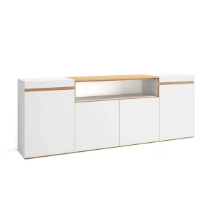 Dressoir, Opbergkast, 200x35x75cm, 4 Deuren, Woonkamer, hal, Wit en Eiken soft Dressoir, Opbergkast, 200x35x75cm, 4 Deuren, Woonkamer, hal, Wit en Eiken soft