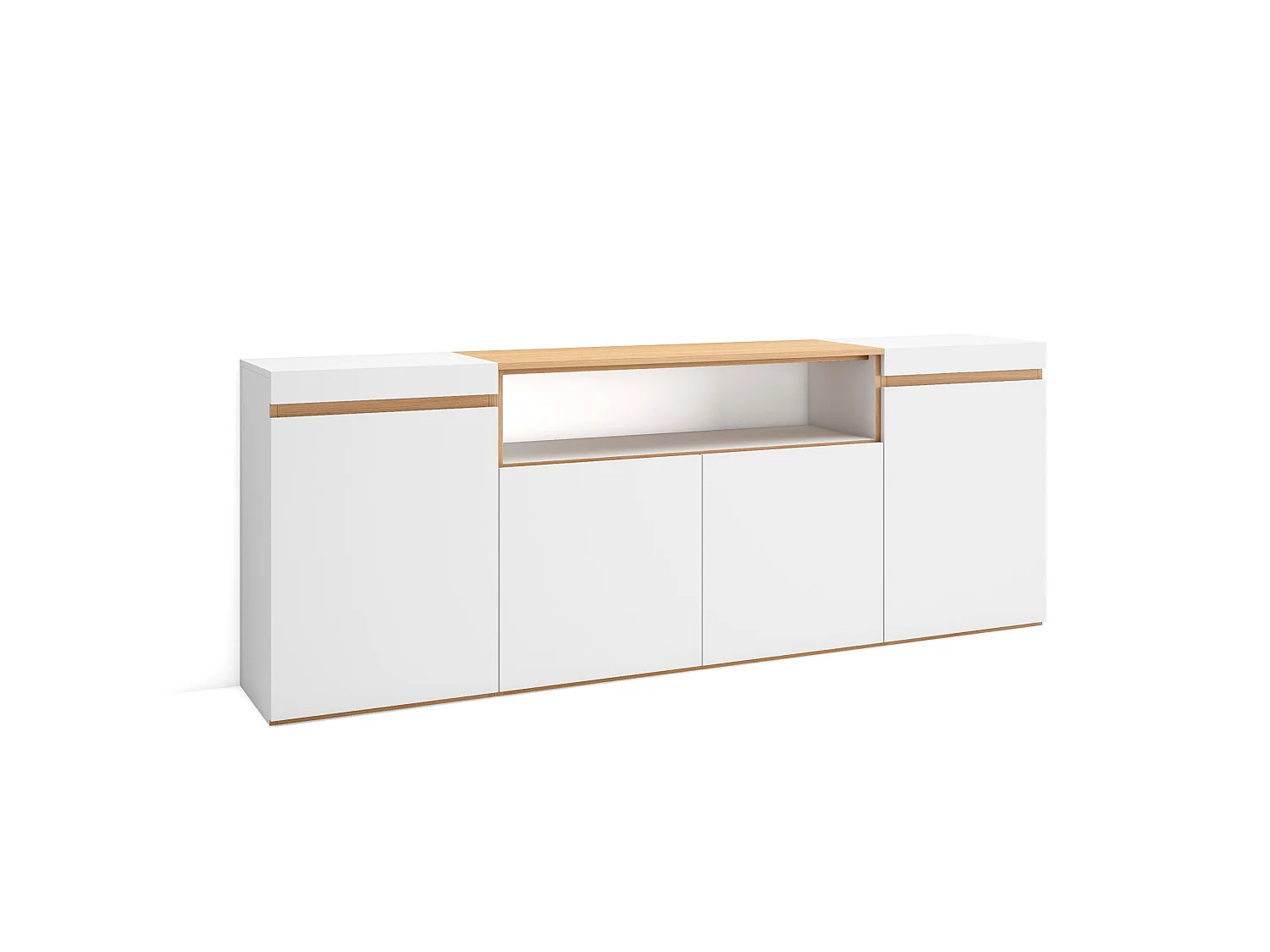 Dressoir, Opbergkast, 200x35x75cm, 4 Deuren, Woonkamer, hal, Wit en Eiken soft