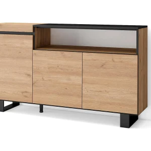 Dressoir, Opbergkast, 150x35x87cm, 3 Deuren, Industrieel design, Eiken/Zwart