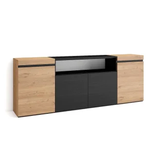 Dressoir, Opbergkast, 200x35x75cm, 4 Deuren, Woonkamer, hal, Eiken/Zwart Dressoir, Opbergkast, 200x35x75cm, 4 Deuren, Woonkamer, hal, Eiken/Zwart