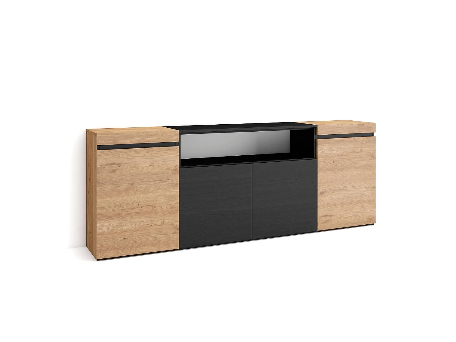 Dressoir, Opbergkast, 200x35x75cm, 4 Deuren, Woonkamer, hal, Eiken/Zwart