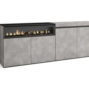 Dressoir, Opbergkast, 200x35x75cm, 4 Deuren, Elektrische haard, Cement
