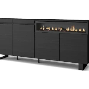 Dressoir, Opbergkast, 200x35x87cm, 4 Deuren, Elektrische haard, Industrieel design, Zwart Dressoir, Opbergkast, 200x35x87cm, 4 Deuren, Elektrische haard, Industrieel design, Zwart