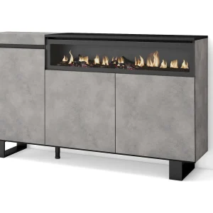 Dressoir, Opbergkast, 150x35x87cm, 3 Deuren, Elektrische haard, Industrieel design, Cement