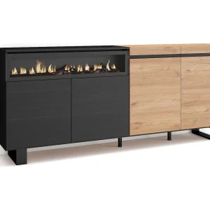 Dressoir, Opbergkast, 200x35x87cm, 4 Deuren, Elektrische haard, Industrieel design, Eiken/Zwart Dressoir, Opbergkast, 200x35x87cm, 4 Deuren, Elektrische haard, Industrieel design, Eiken/Zwart