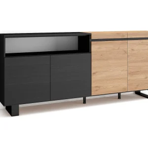 Dressoir, Opbergkast, 200x35x87cm, 4 Deuren, Industrieel design, Eiken/Zwart Dressoir, Opbergkast, 200x35x87cm, 4 Deuren, Industrieel design, Eiken/Zwart