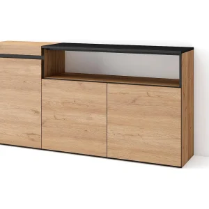 Dressoir, Opbergkast, 150x35x75cm, 3 Deuren, Woonkamer, hal, Eiken/Zwart