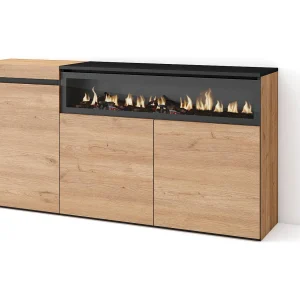 Dressoir, Opbergkast, 150x35x75cm, 3 Deuren, Elektrische haard, Eiken/Zwart