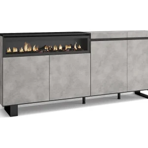Dressoir, Opbergkast, 200x35x87cm, 4 Deuren, Elektrische haard, Industrieel design, Cement Dressoir, Opbergkast, 200x35x87cm, 4 Deuren, Elektrische haard, Industrieel design, Cement