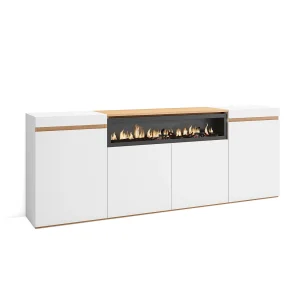 Dressoir, Opbergkast, 200x35x75cm, 4 Deuren, Elektrische haard, Wit en Eiken soft Dressoir, Opbergkast, 200x35x75cm, 4 Deuren, Elektrische haard, Wit en Eiken soft