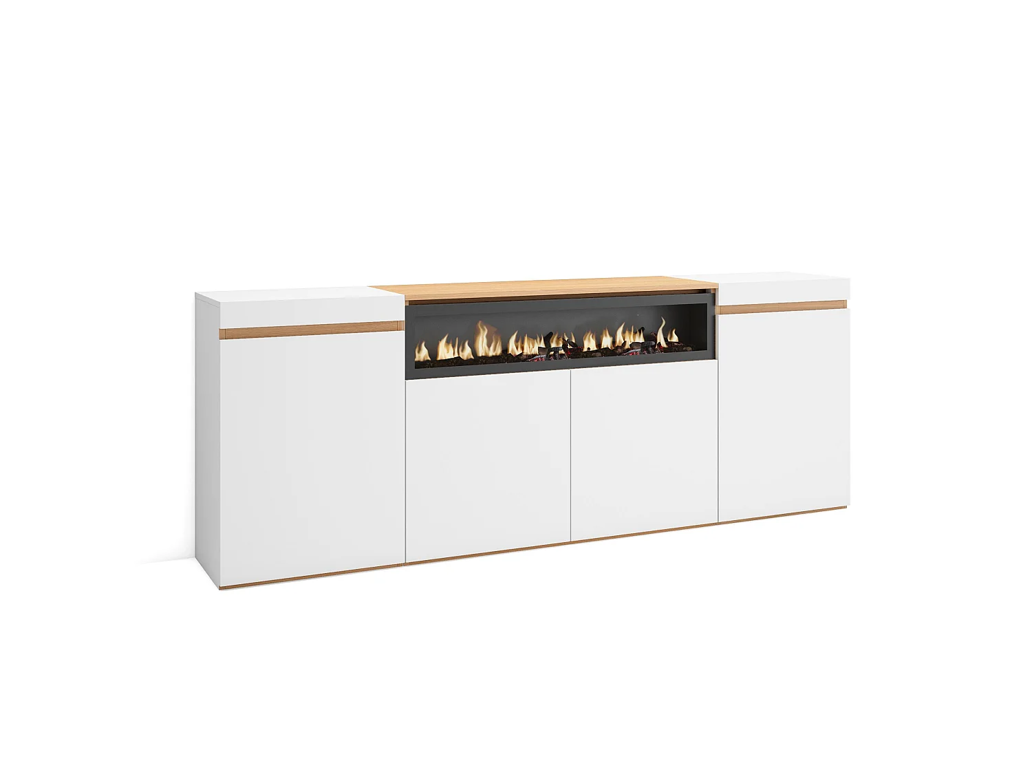Dressoir, Opbergkast, 200x35x75cm, 4 Deuren, Elektrische haard, Wit en Eiken soft