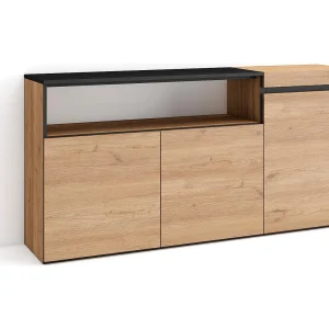Dressoir, Opbergkast, 150x35x75cm, 3 Deuren, Woonkamer, hal, Eiken/Zwart
