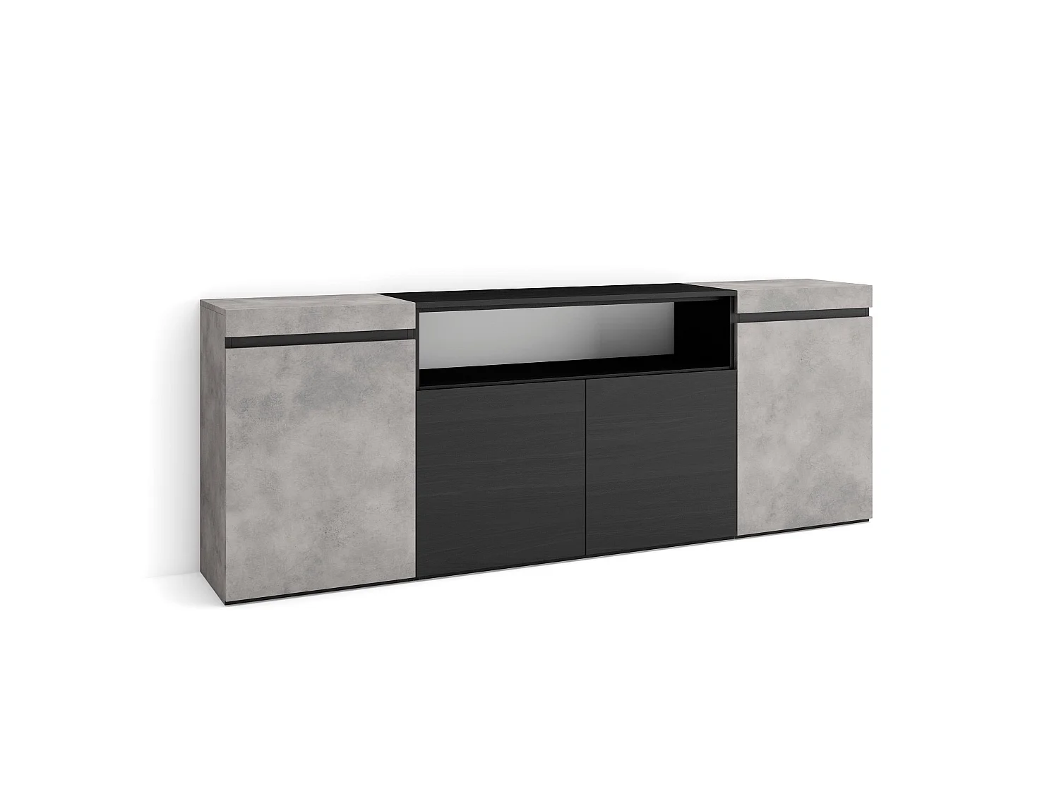 Dressoir, Opbergkast, 200x35x75cm, 4 Deuren, Woonkamer, hal, Cement