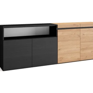 Dressoir, Opbergkast, 200x35x75cm, 4 Deuren, Woonkamer, hal, Eiken/Zwart Dressoir, Opbergkast, 200x35x75cm, 4 Deuren, Woonkamer, hal, Eiken/Zwart