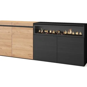 Dressoir, Opbergkast, 200x35x75cm, 4 Deuren, Elektrische haard, Eiken/Zwart Dressoir, Opbergkast, 200x35x75cm, 4 Deuren, Elektrische haard, Eiken/Zwart