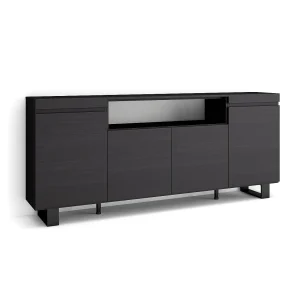 Dressoir, Opbergkast, 200x35x87cm, 4 Deuren, Industrieel design, Zwart Dressoir, Opbergkast, 200x35x87cm, 4 Deuren, Industrieel design, Zwart