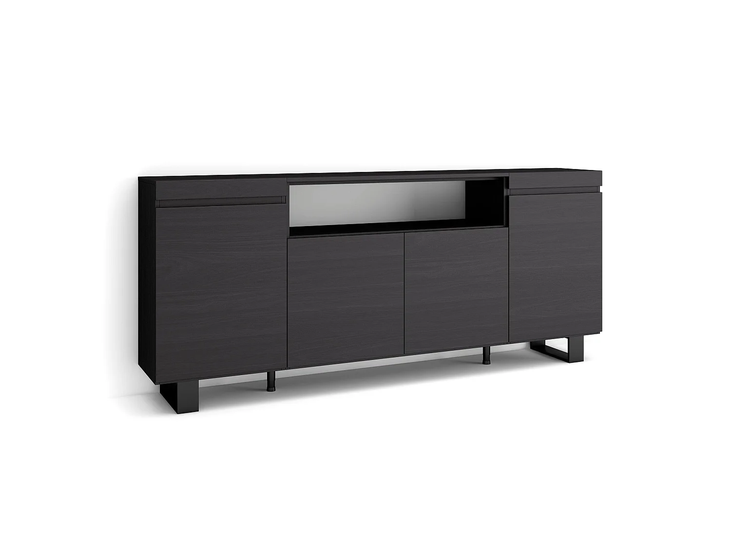 Dressoir, Opbergkast, 200x35x87cm, 4 Deuren, Industrieel design, Zwart