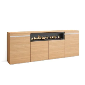 Dressoir, Opbergkast, 200x35x75cm, 4 Deuren, Elektrische haard, Eiken soft en Wit