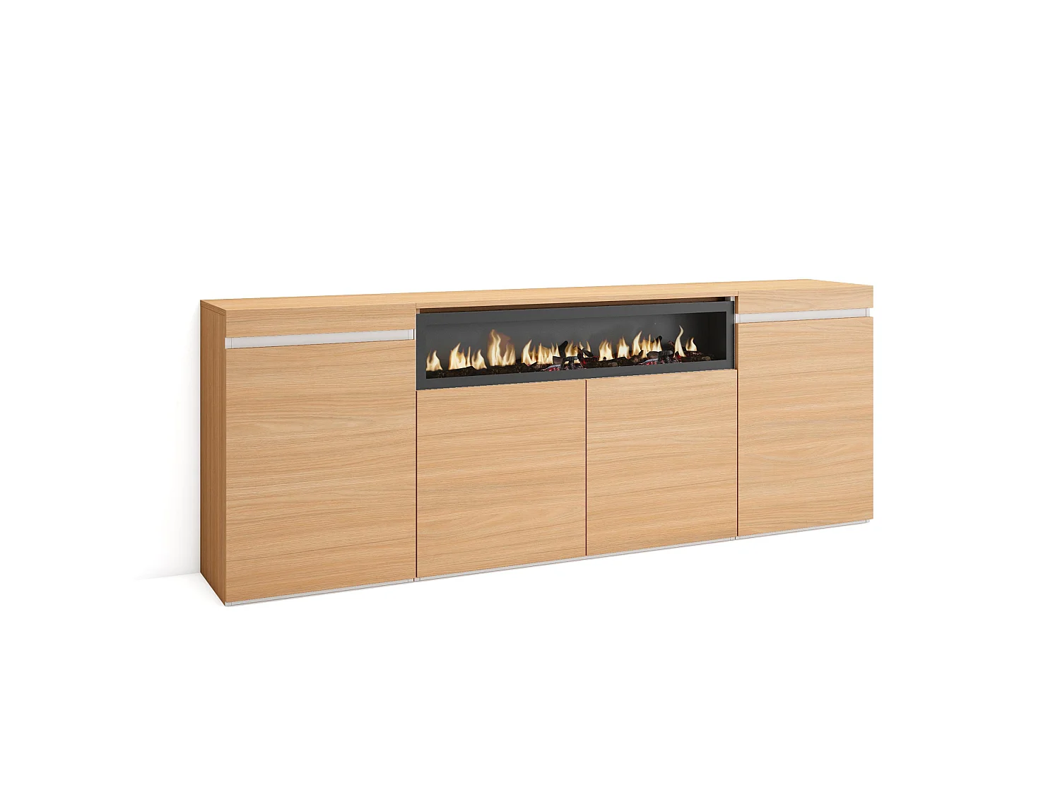 Dressoir, Opbergkast, 200x35x75cm, 4 Deuren, Elektrische haard, Eiken soft en Wit