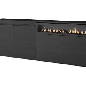 Dressoir, Opbergkast, 200x35x75cm, 4 Deuren, Elektrische haard, Zwart
