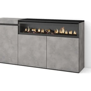 Dressoir, Opbergkast, 150x35x75cm, 3 Deuren, Elektrische haard, Cement