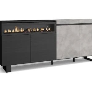 Dressoir, Opbergkast, 200x35x87cm, 4 Deuren, Elektrische haard, Industrieel design, Cement Dressoir, Opbergkast, 200x35x87cm, 4 Deuren, Elektrische haard, Industrieel design, Cement