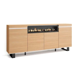 Dressoir, Opbergkast, 200x35x87cm, 4 Deuren, Elektrische haard, Industrieel design, Eiken soft en Wit Dressoir, Opbergkast, 200x35x87cm, 4 Deuren, Elektrische haard, Industrieel design, Eiken soft en Wit