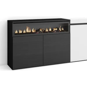 Dressoir, Opbergkast, 150x35x75cm, 3 Deuren, Elektrische haard, Wit en Zwart