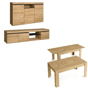 Furniture Set, NATORE MODEL, Buffet -Mueble TV 160cm – Uitbreidbare tabel, Eetkamer, Eik en zwart, Industriële stijl Furniture Set, NATORE MODEL, Buffet -Mueble TV 160cm – Uitbreidbare tabel, Eetkamer, Eik en zwart, Industriële stijl