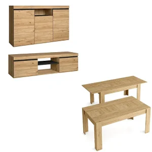 Furniture Set, NATORE MODEL, Buffet -Mueble TV 140cm – Uitbreidbare tabel, Eetkamer, Eik en zwart, Industriële stijl Furniture Set, NATORE MODEL, Buffet -Mueble TV 140cm – Uitbreidbare tabel, Eetkamer, Eik en zwart, Industriële stijl