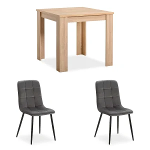 Eettafel 80x80x75 cm natuurlijk Sonoma eiken Eetkamertafel met 2 grijze fluwelen stoelen