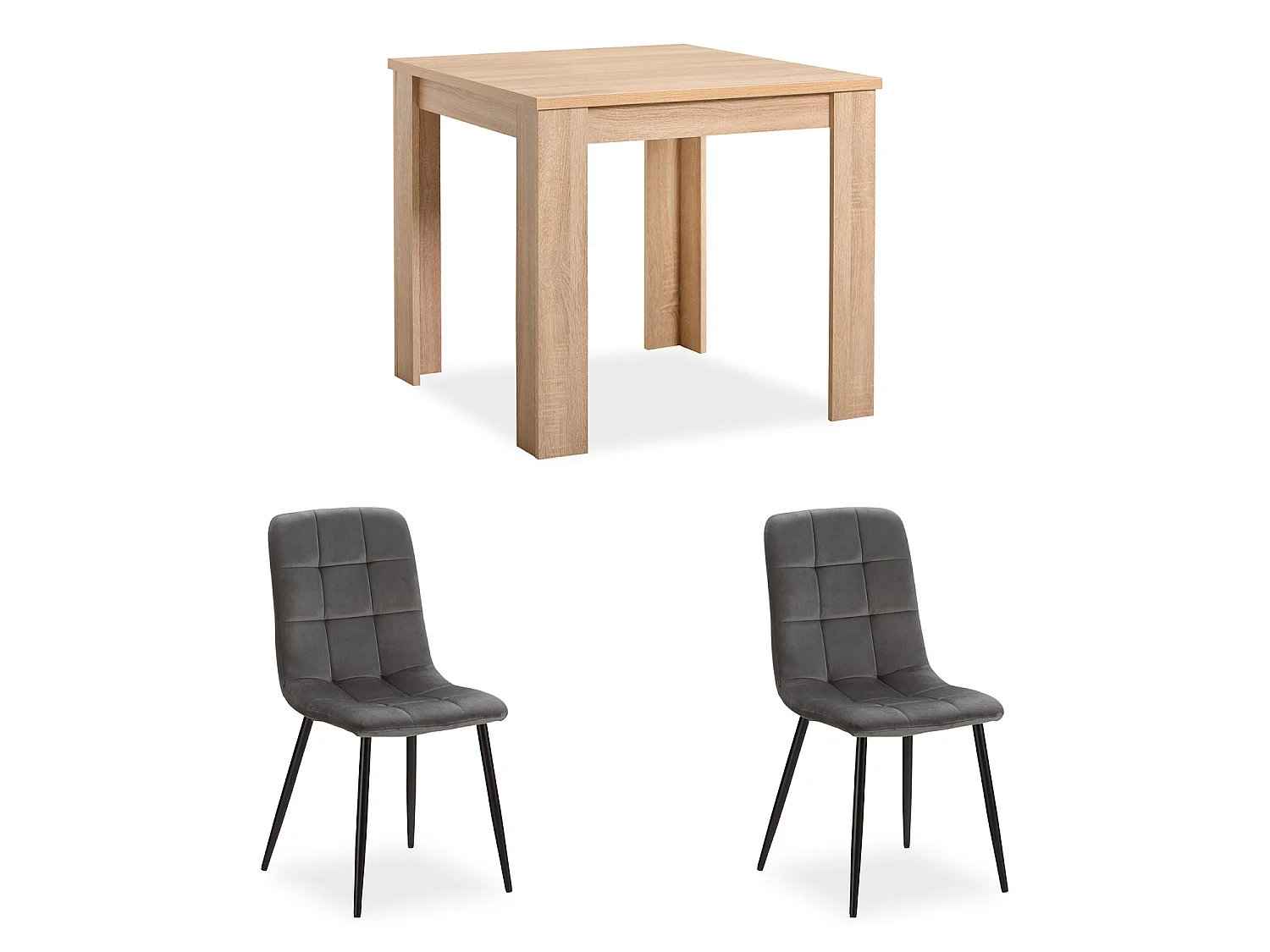Eettafel 80x80x75 cm natuurlijk Sonoma eiken Eetkamertafel met 2 grijze fluwelen stoelen