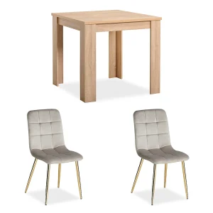 Eettafel 80x80x75 cm natuurlijk sonoma eiken Eetkamertafel met 2 crèmekleurige fluwelen stoelen