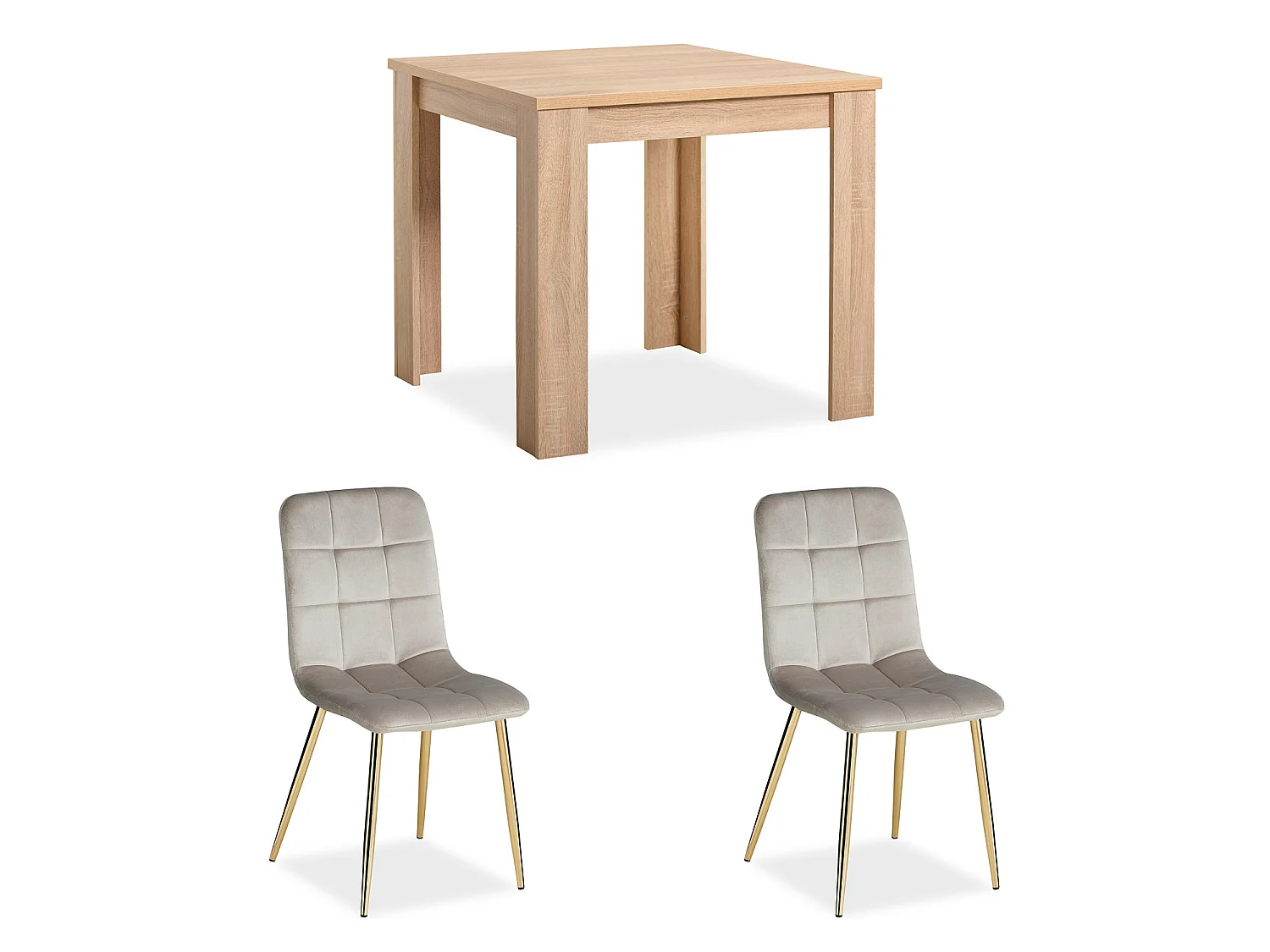 Eettafel 80x80x75 cm natuurlijk sonoma eiken Eetkamertafel met 2 crèmekleurige fluwelen stoelen
