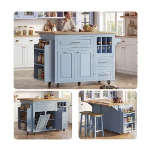 Ergonomisch keukeneiland – 143 x 45/75 x 91 cm – met lades + plank + afvalbak + deuren – MDF – blauw