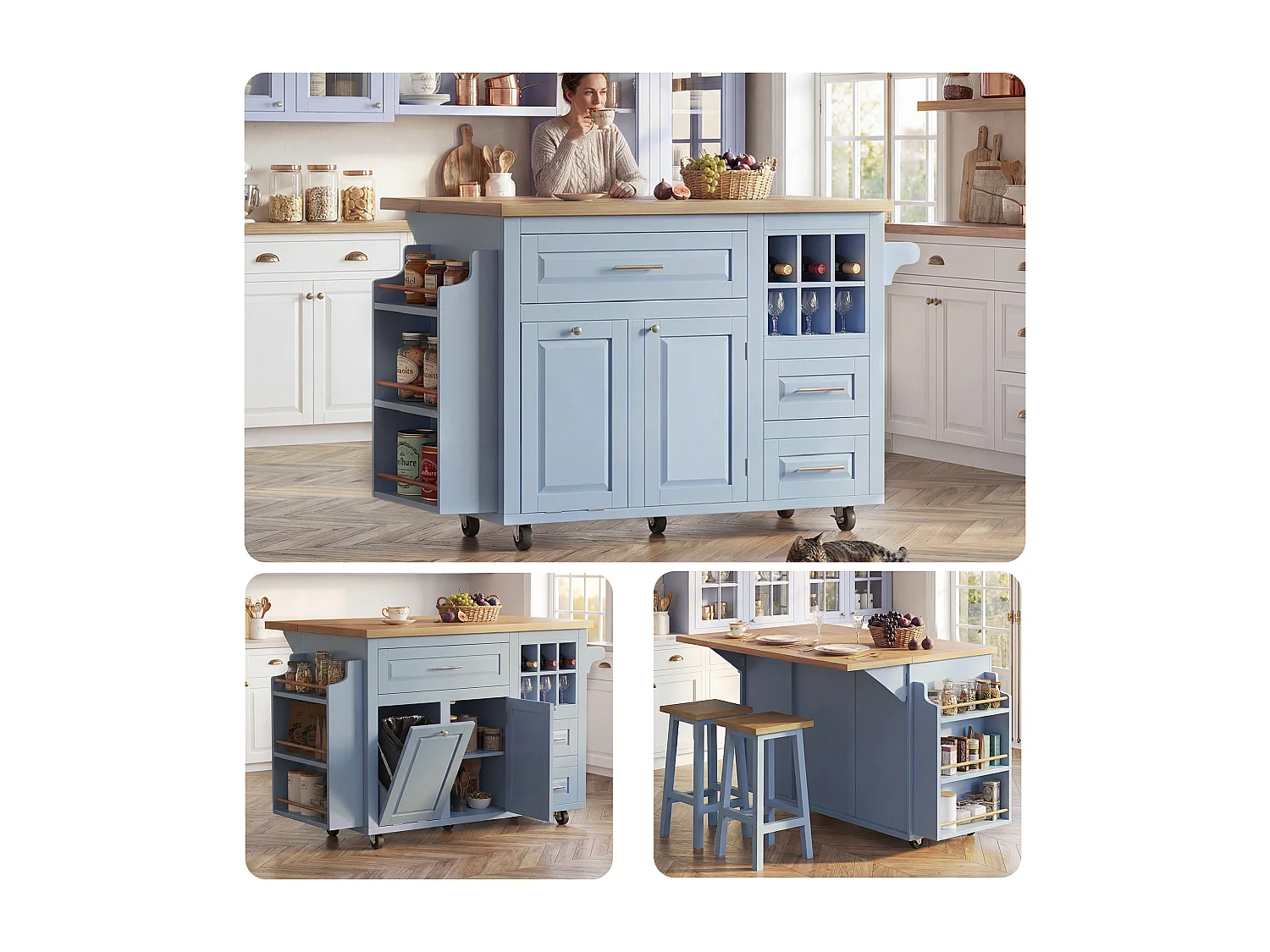 Ergonomisch keukeneiland - 143 x 45/75 x 91 cm - met lades + plank + afvalbak + deuren - MDF - blauw