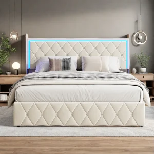 Fluweelbekleed LED-opberg tweepersoonsbed 160×200 cm Beige Scandinavische Stijl Fluweelbekleed LED-opberg tweepersoonsbed 160×200 cm Beige Scandinavische Stijl