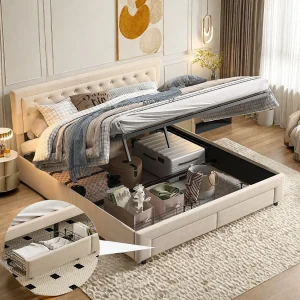 Elegante Beige Velvet Opbergbed 160×200 cm met 2 Laden & Lattenbodem – Scandinavische Stijl