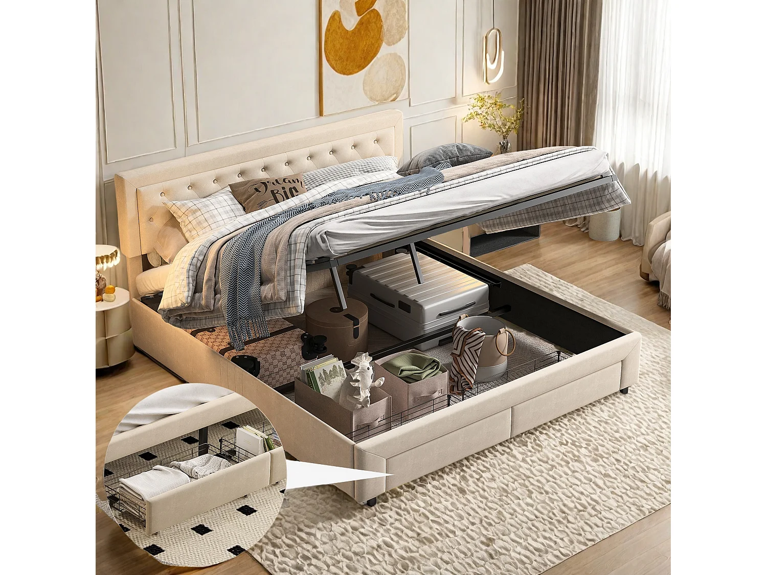 Elegante Beige Velvet Opbergbed 160x200 cm met 2 Laden & Lattenbodem - Scandinavische Stijl