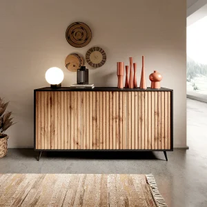 Dressoir met lamellenfronten – 154 cm – zwart / wotan eiken – BELLO Dressoir met lamellenfronten – 154 cm – zwart / wotan eiken – BELLO