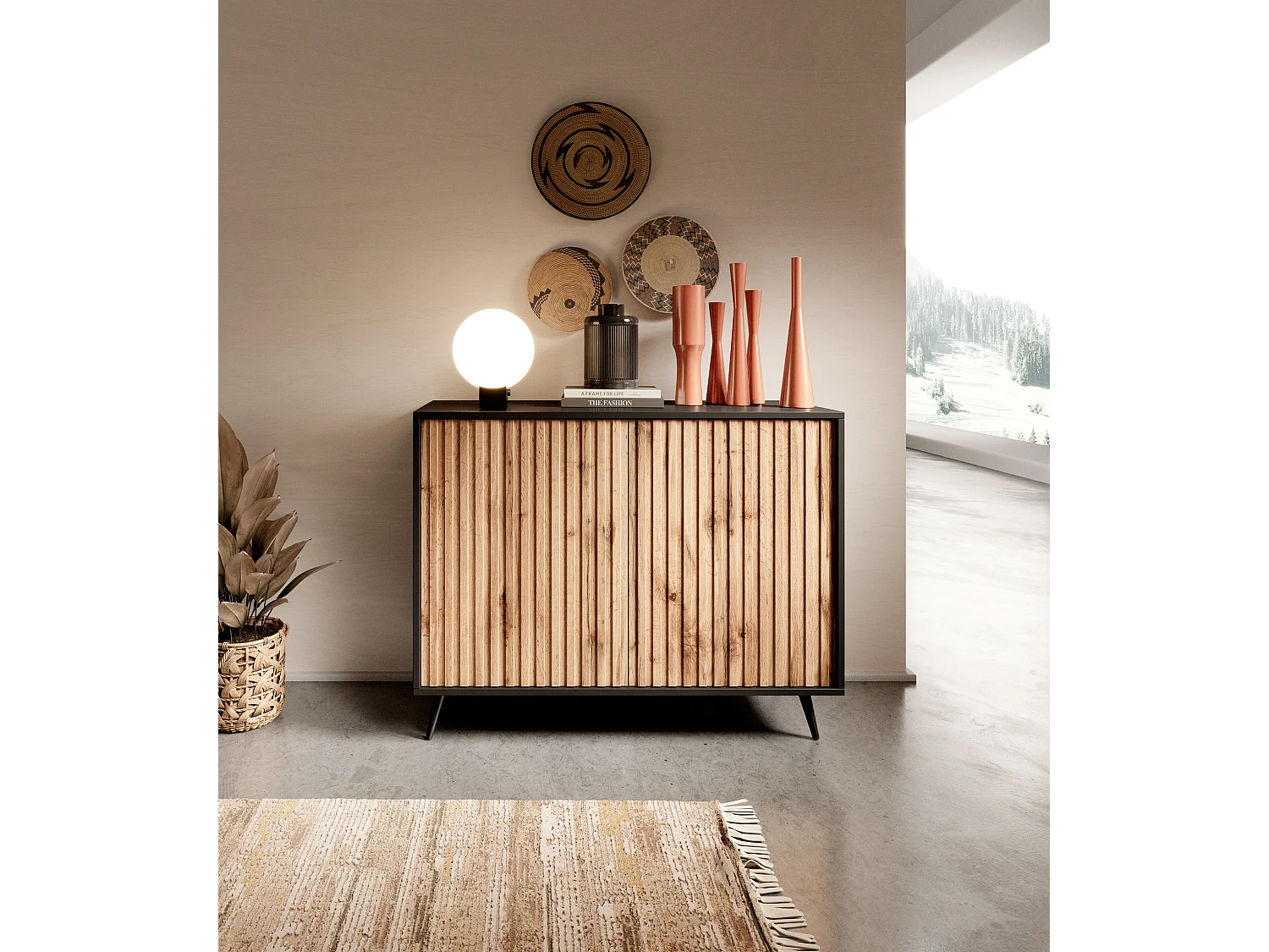 Dressoir met lamellenfronten - 104 cm - zwart / wotan eiken - BELLO