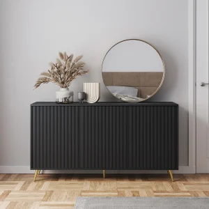 Dressoir met lamellenfronten – 154 cm – zwart met gouden poten – BELLO