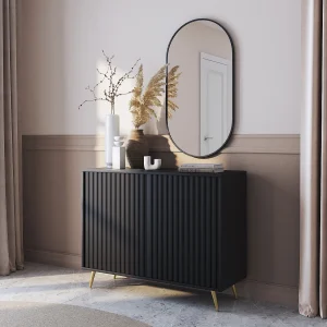 Dressoir met lamellenfronten – 104 cm – zwart met gouden poten – BELLO Dressoir met lamellenfronten – 104 cm – zwart met gouden poten – BELLO