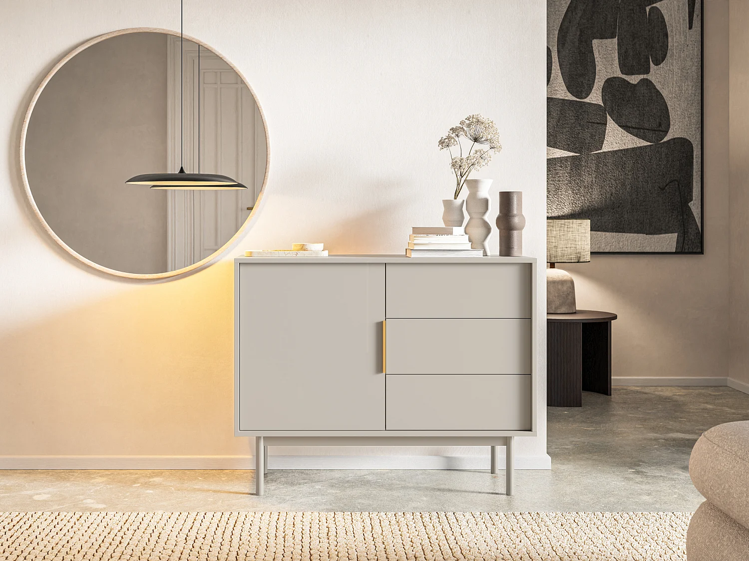 Enkeldeurs dressoir - 104 cm - met drie laden - taupe (grijsbeige) - VIVIARO