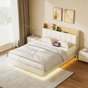 Modern Wit Zwevend Tweepersoonsbed 140×200 met RGB LED, USB Oplader, Opberg Hoofdbord – Uniek Ontwerp Modern Wit Zwevend Tweepersoonsbed 140×200 met RGB LED, USB Oplader, Opberg Hoofdbord – Uniek Ontwerp
